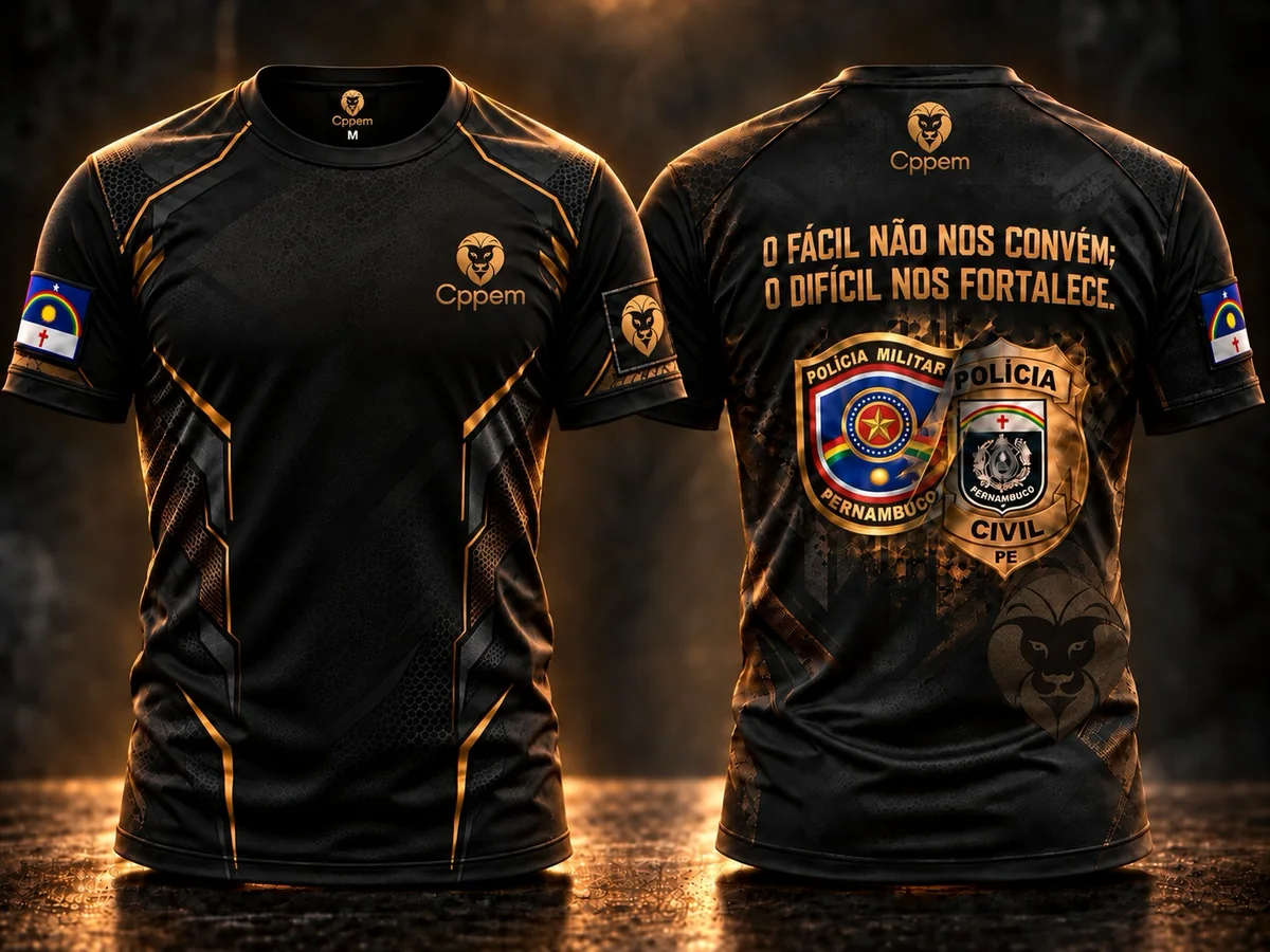 Camisa oficial do aulão, frente e costas: preta com detalhes em ouro, o leão do CPPEM no peito, a bandeira de Pernambuco na manga e, nas costas, a frase “O fácil não nos convém; o difícil nos fortalece” sobre os brasões das polícias de Pernambuco